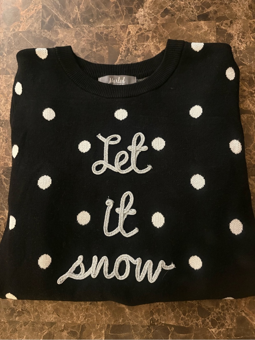 Marled Black Polka Dot Crewneck Sweater with Silver 'Let It Snow' Script
